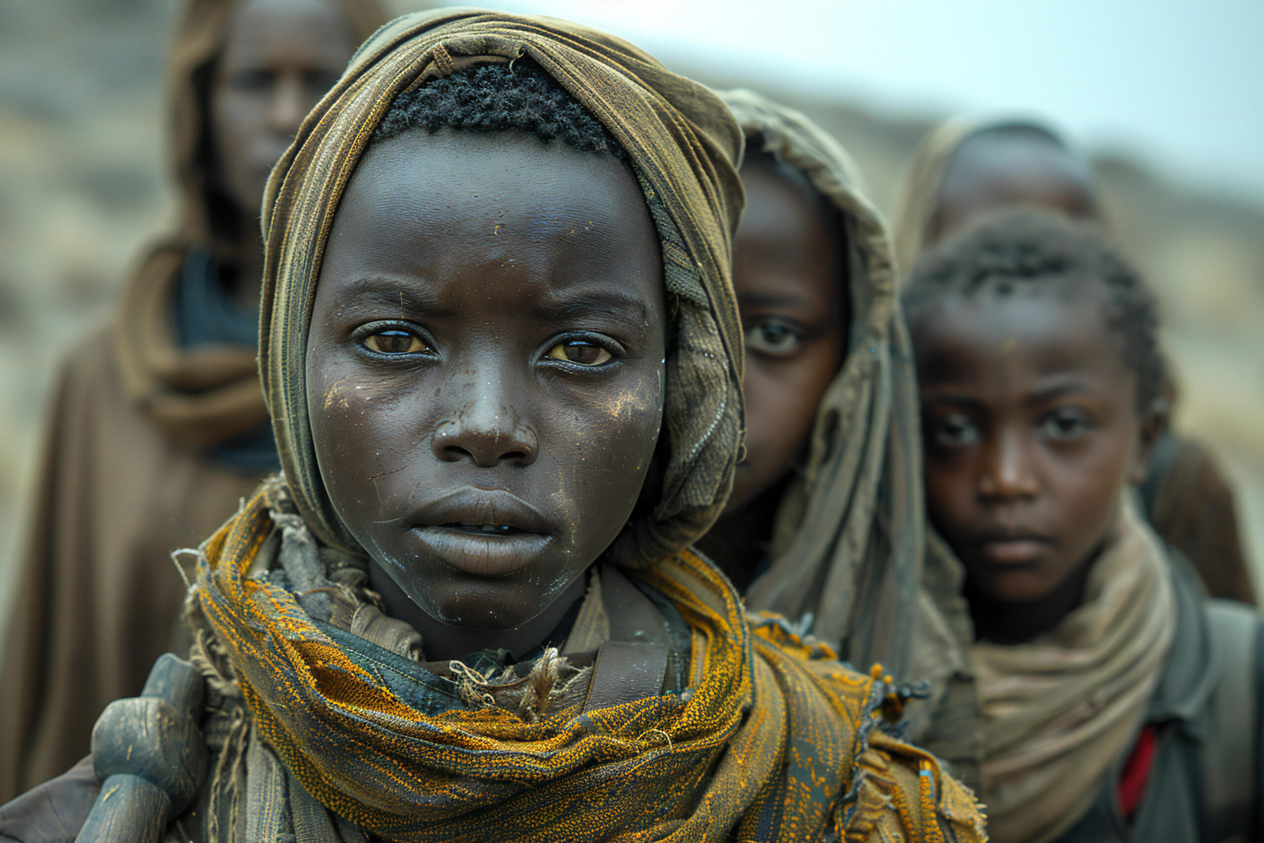 A family of black individuals, pausing to rest on their arduous walk through a barren landscape. Their expressions are a mix of determination and despair, with the vast, empty horizon emphasizing the uncertainty of their journey. The image, though color, is muted, reflecting the somber mood of their migration, --ar 3:2 --style raw --stylize 750 --v 6